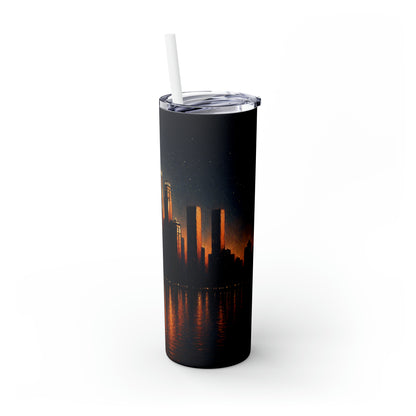 "The City Aglow" - The Alien Maars® Skinny Tumbler with Straw 20oz Post-Impressionism Style