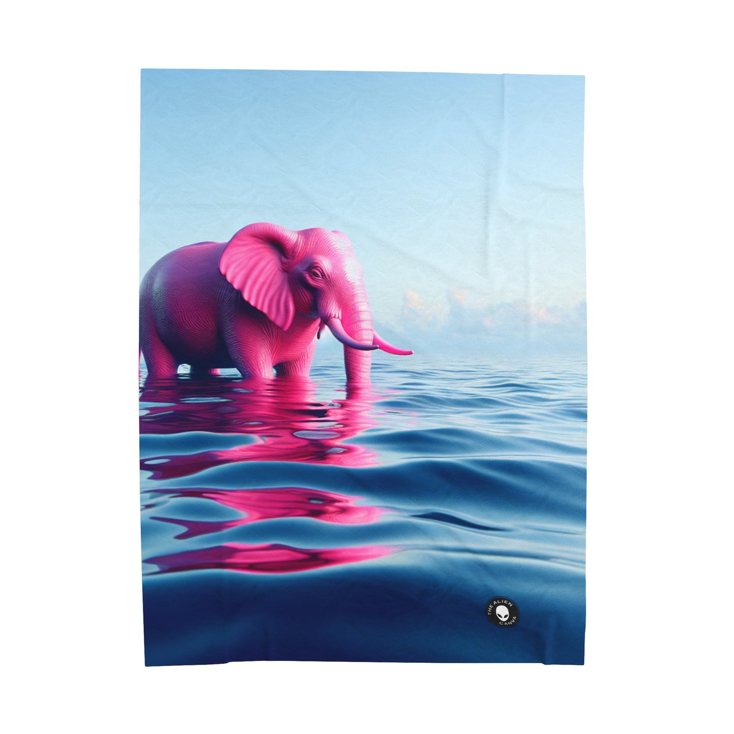 "L'éléphant rose dans la mer d'un bleu profond" - La couverture en peluche Alien en velours Un éléphant rose flottant dans l'océan