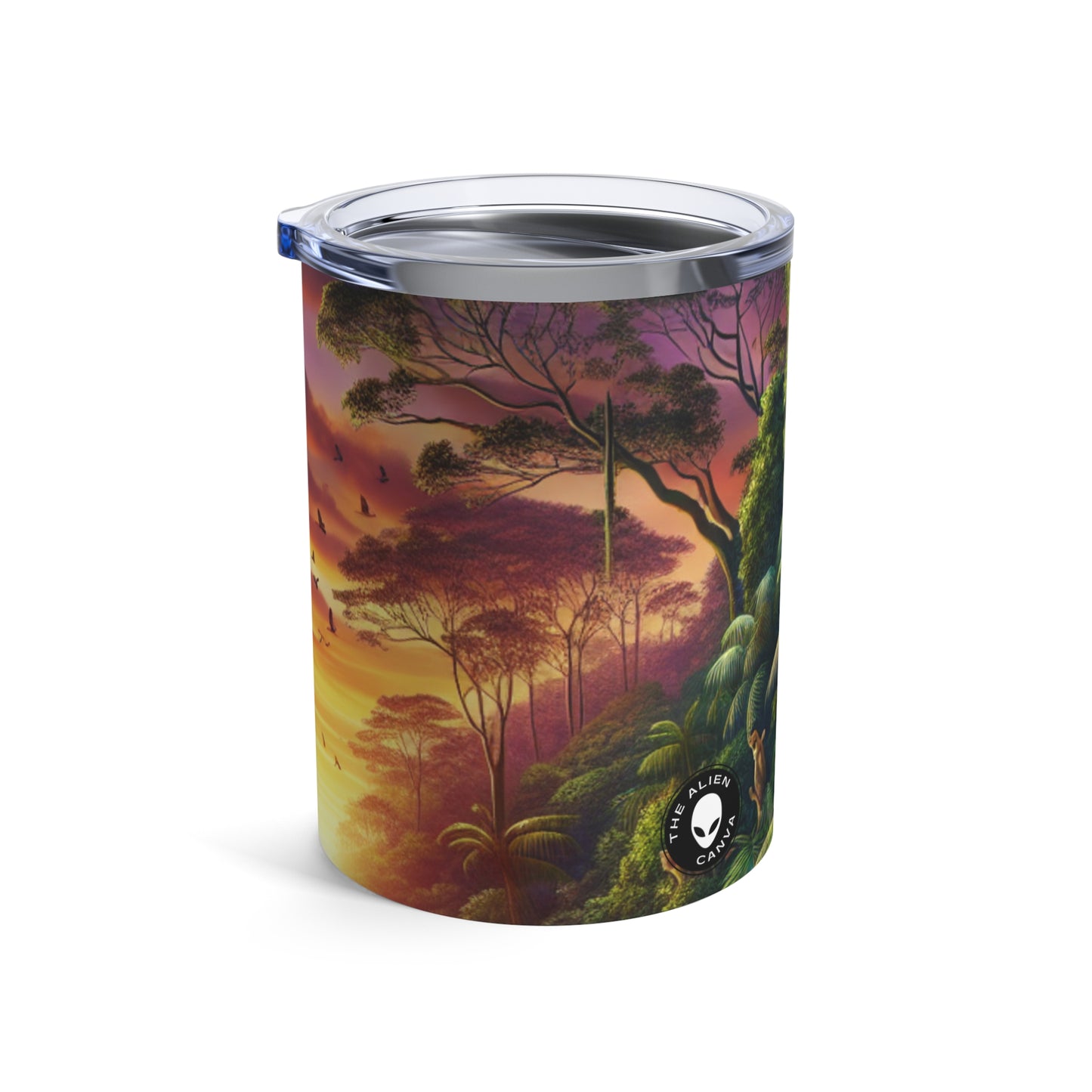 "Atardecer en la jungla: un encuentro salvaje" - Vaso Alien de 10 oz