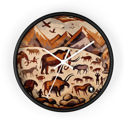 Title: "Ancient Encounter: The Battle of Giants" - The Alien Wall Clock Cave Painting