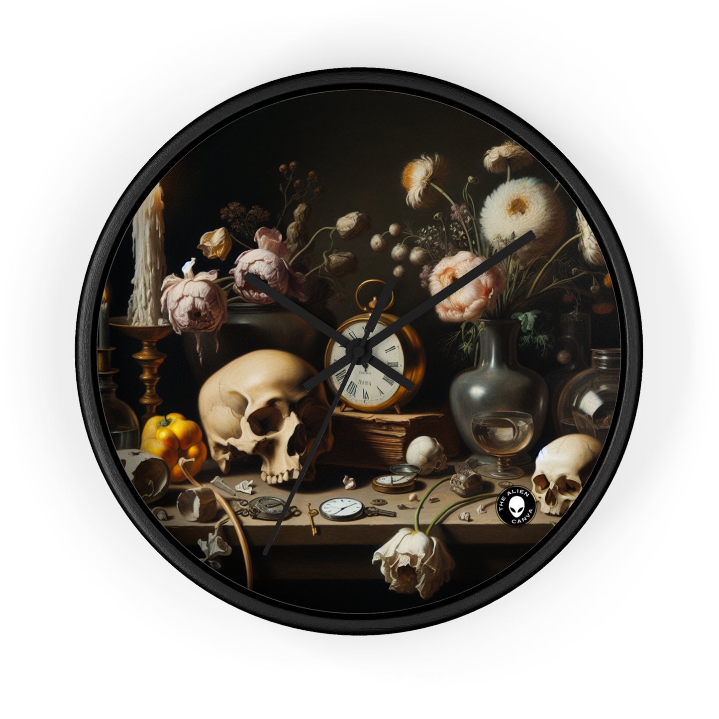 "Digital Decay: A Contemporary Vanitas Examining Consumerism in the 21st Century" - The Alien Wall Clock Vanitas Painting