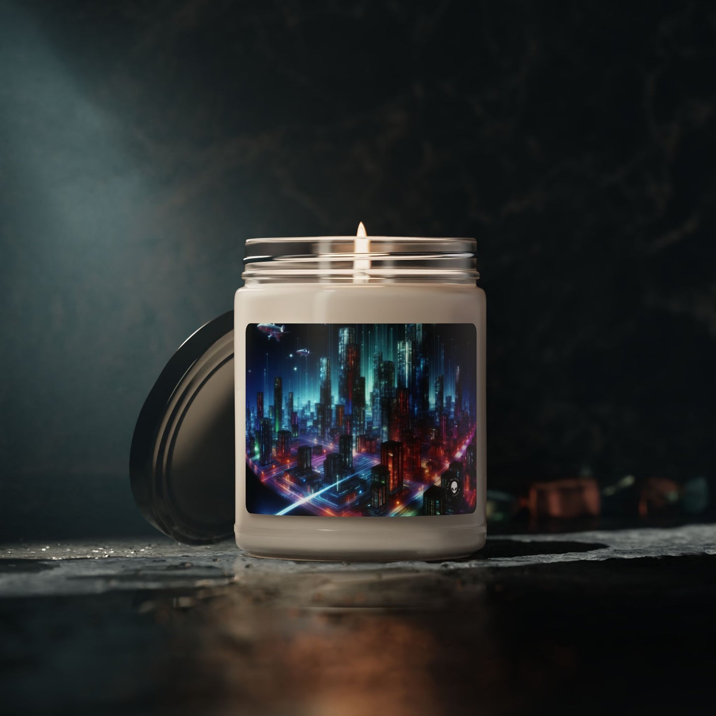 « Neon Skyline : un paysage urbain futuriste » – Bougie parfumée au soja Alien 9oz