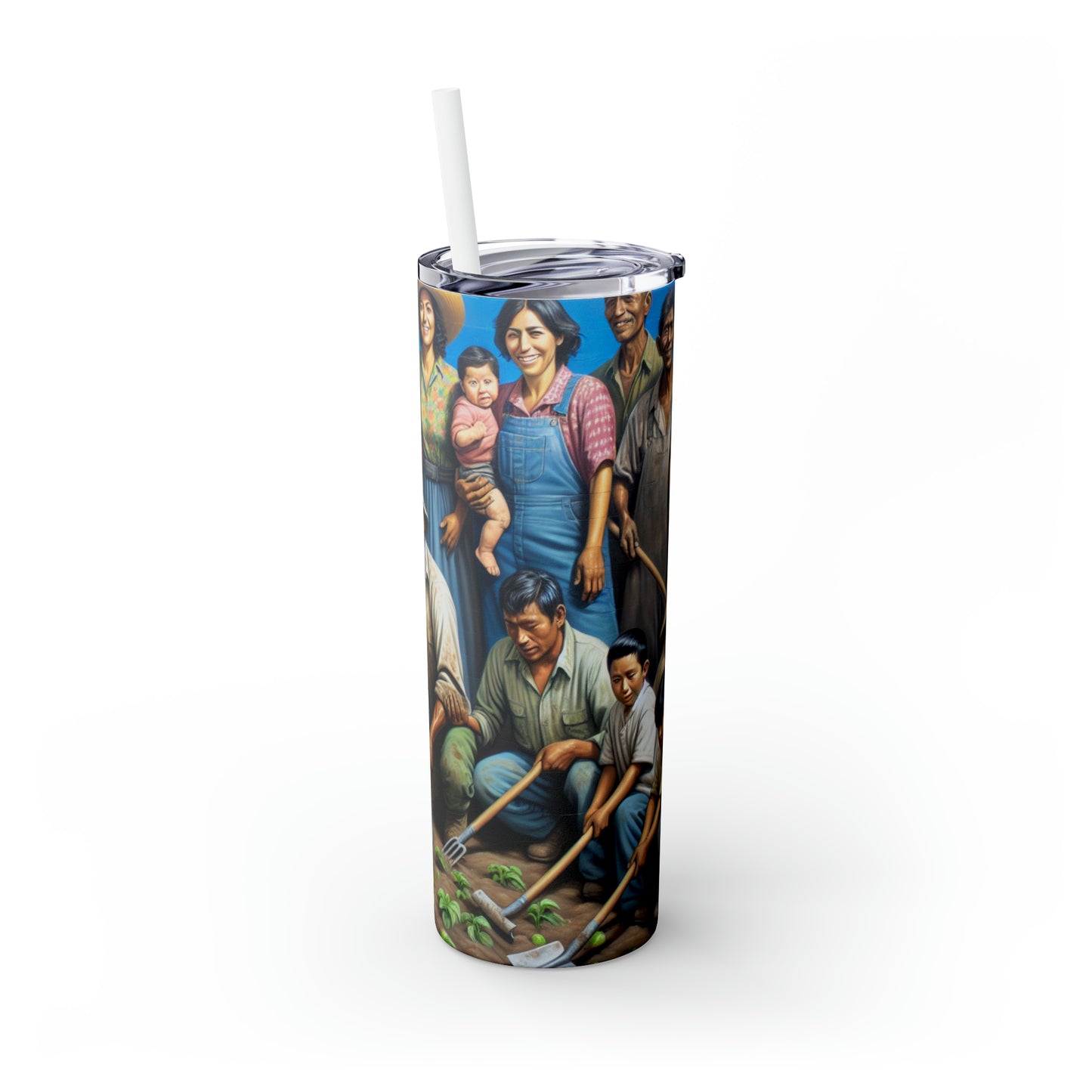 "Cosechando esperanza: una familia migrante en el jardín" - Vaso estrecho con pajita de Alien Maars®, 20 oz, estilo realismo social