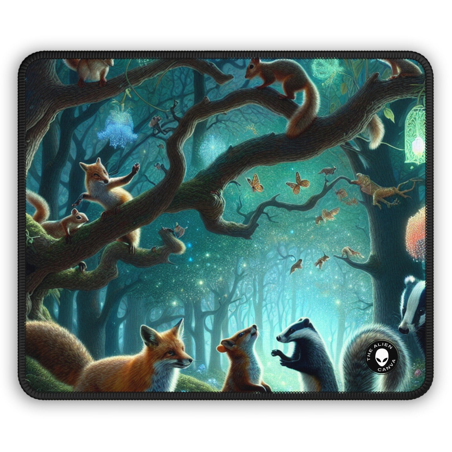 "Mystical Menagerie: Creatures frolicking in an enchanted forest" - The Alien Gaming Mouse Pad