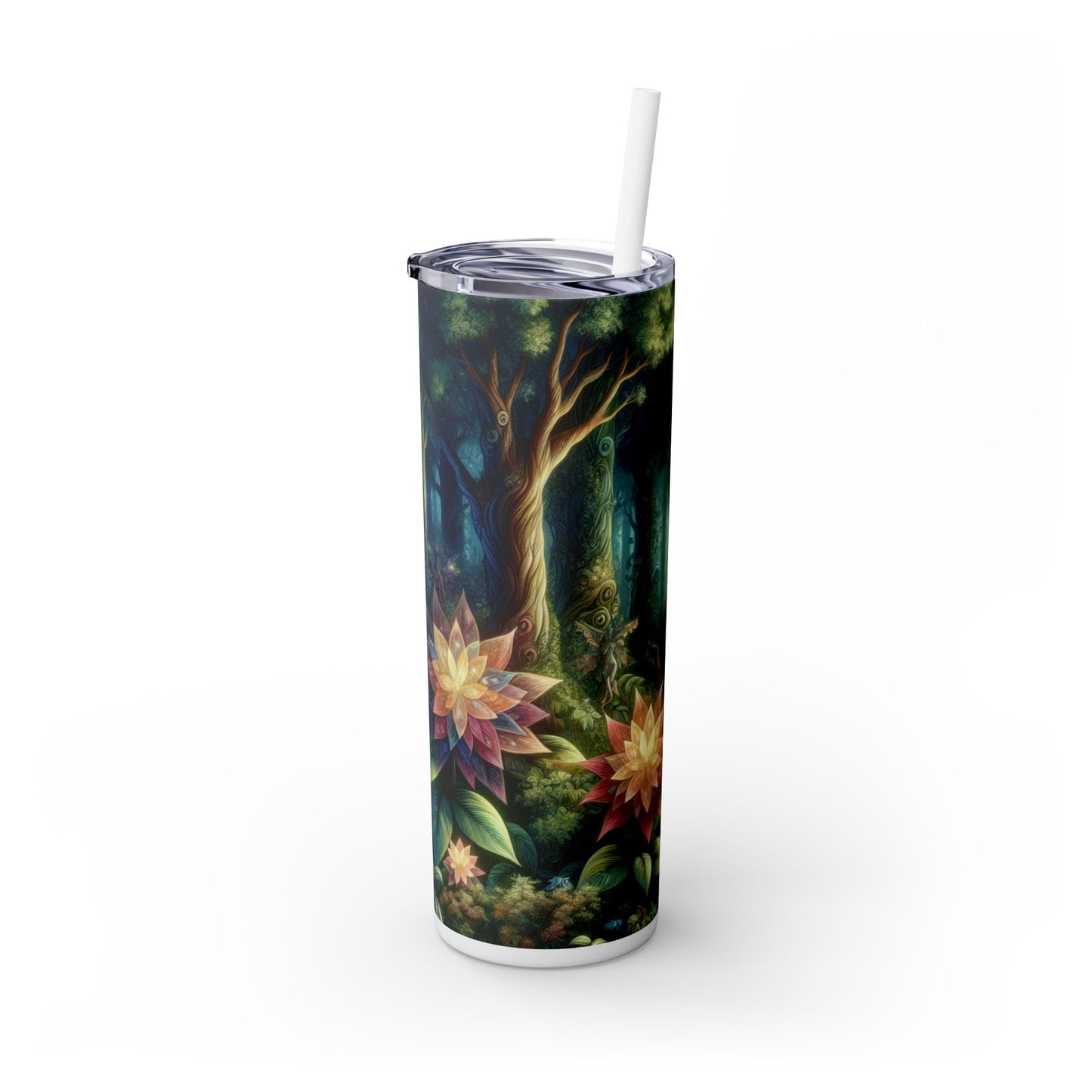 Bosque encantado: flores resplandecientes y seres místicos - Vaso delgado con pajita de 20 oz de Alien Maars®