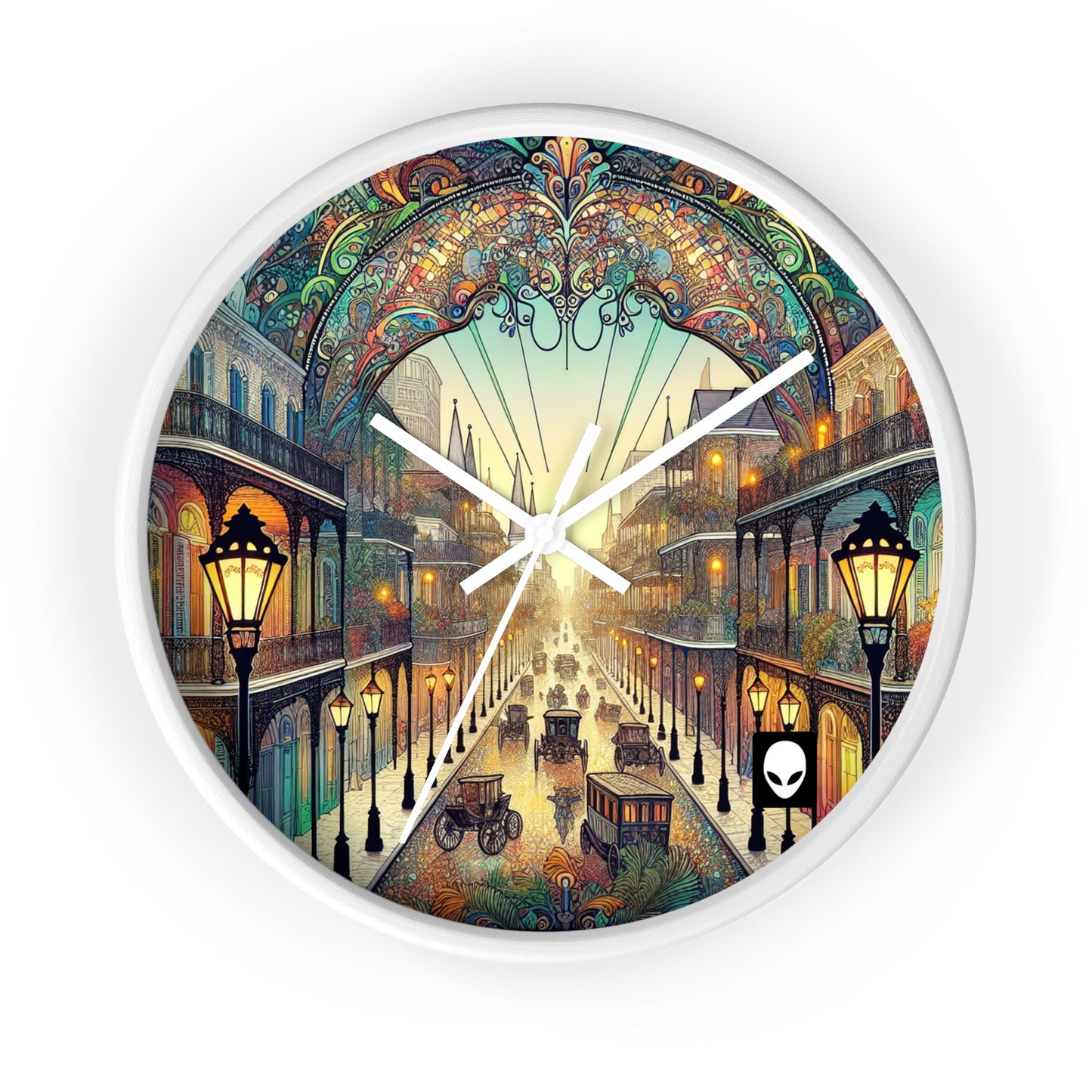 "Vivid Splendor: Una imagen del barrio francés de Nueva Orleans" - El reloj de pared alienígena estilo Art Nouveau