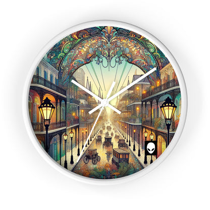 "Vivid Splendor: Una imagen del barrio francés de Nueva Orleans" - El reloj de pared alienígena estilo Art Nouveau