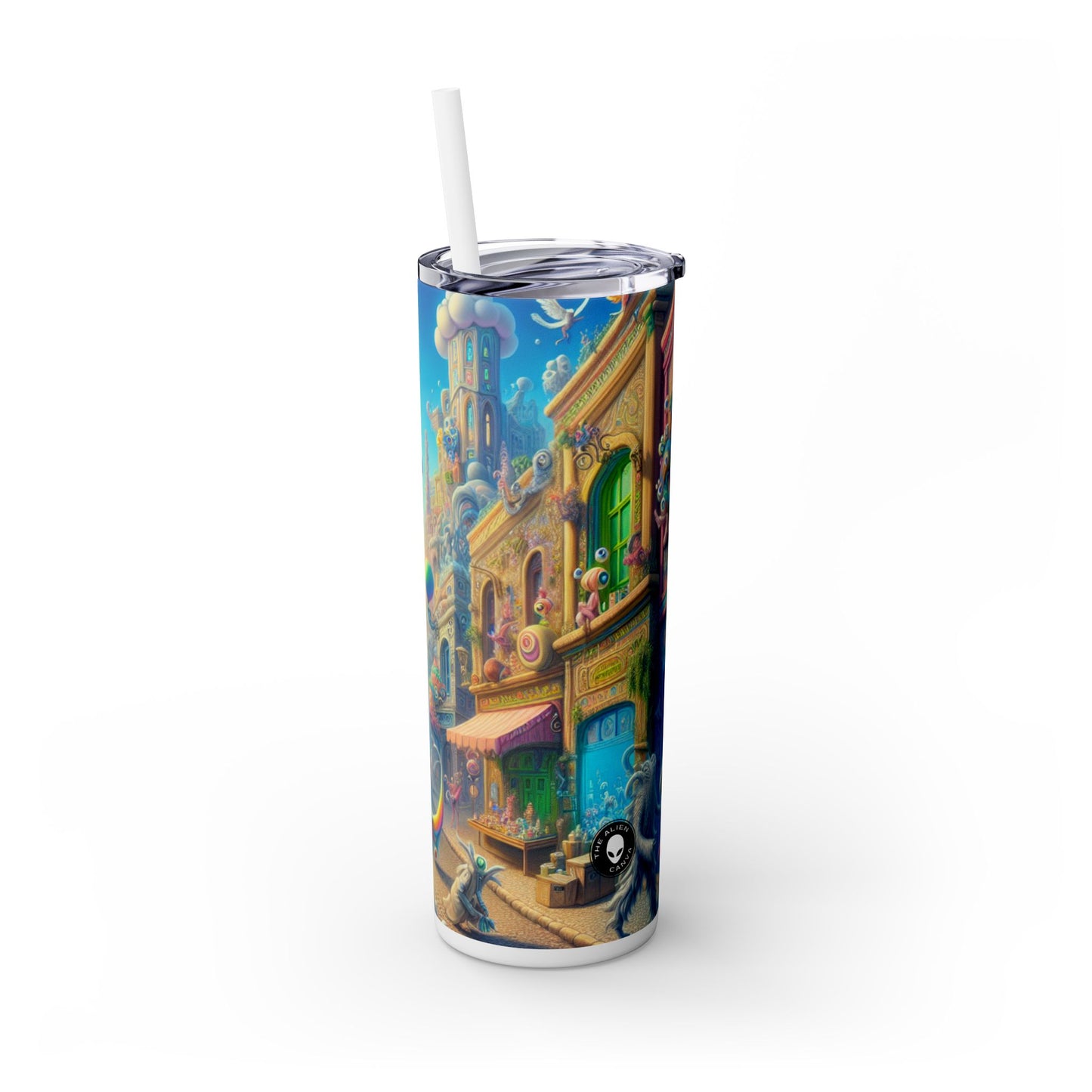 "Whimsical Wonders: A Vibrant Street Scene" - The Alien Maars® Skinny Tumbler with Straw 20oz