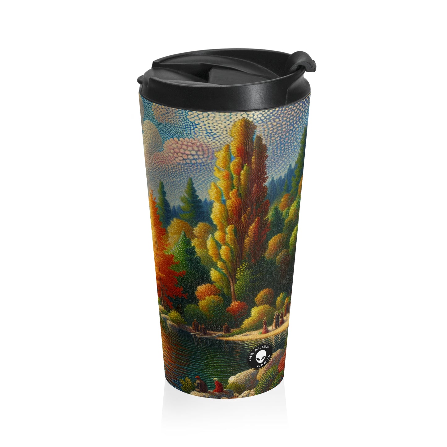 "Sérénité en points : un coucher de soleil pointilliste sur la plage" - The Alien Mug de voyage en acier inoxydable Pointillisme