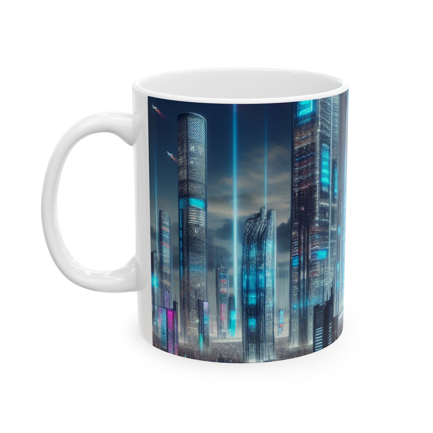 "Paisaje urbano del futuro: un horizonte de coches voladores y luces de neón" - Taza de cerámica The Alien de 11 oz