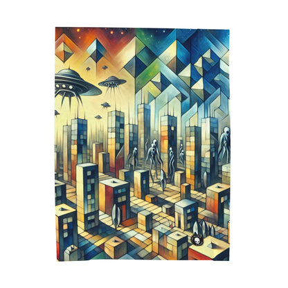 "Cubism in a Futuristic, Alien-Invaded City". - The Alien Velveteen Plush Blanket A futristic city invaded by aliens in cubism art style