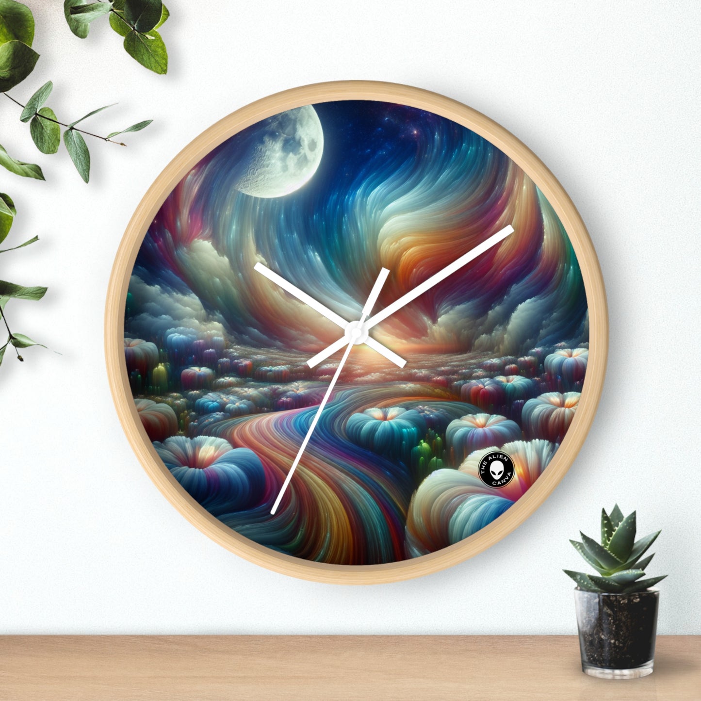 "Rainbow Sky, Moonlit Flowers" - The Alien Wall Clock