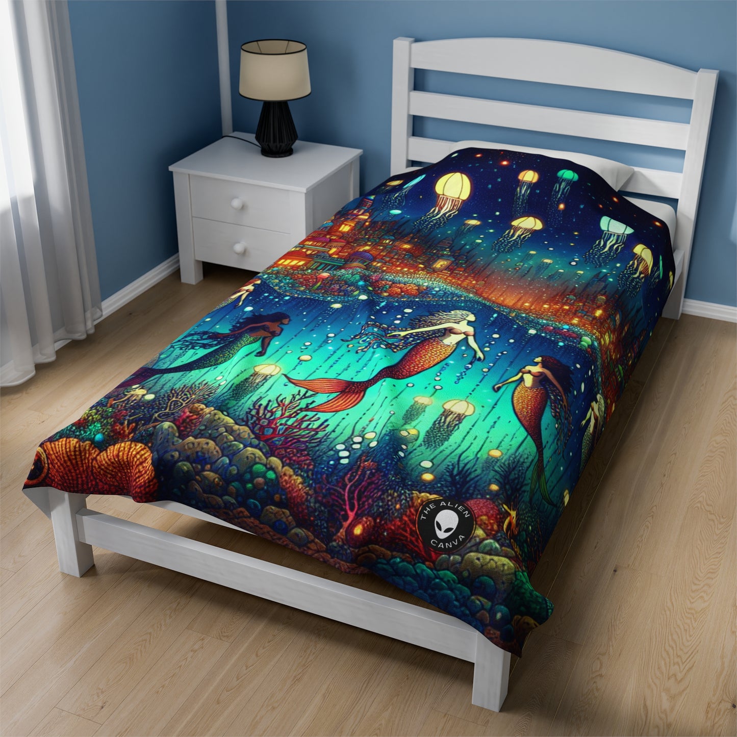 "Glowing Jellyfish City: A Whimsical Underwater World" - The Alien Velveteen Plush Blanket