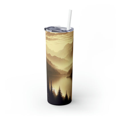 "Dawn at the Lake: A Foggy Mountain Morning" - The Alien Maars® Skinny Tumbler with Straw 20oz Tonalism Style