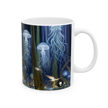 "Jellyfish Grove: Un bosque de fantasía luminiscente" - Taza de cerámica The Alien de 11 oz