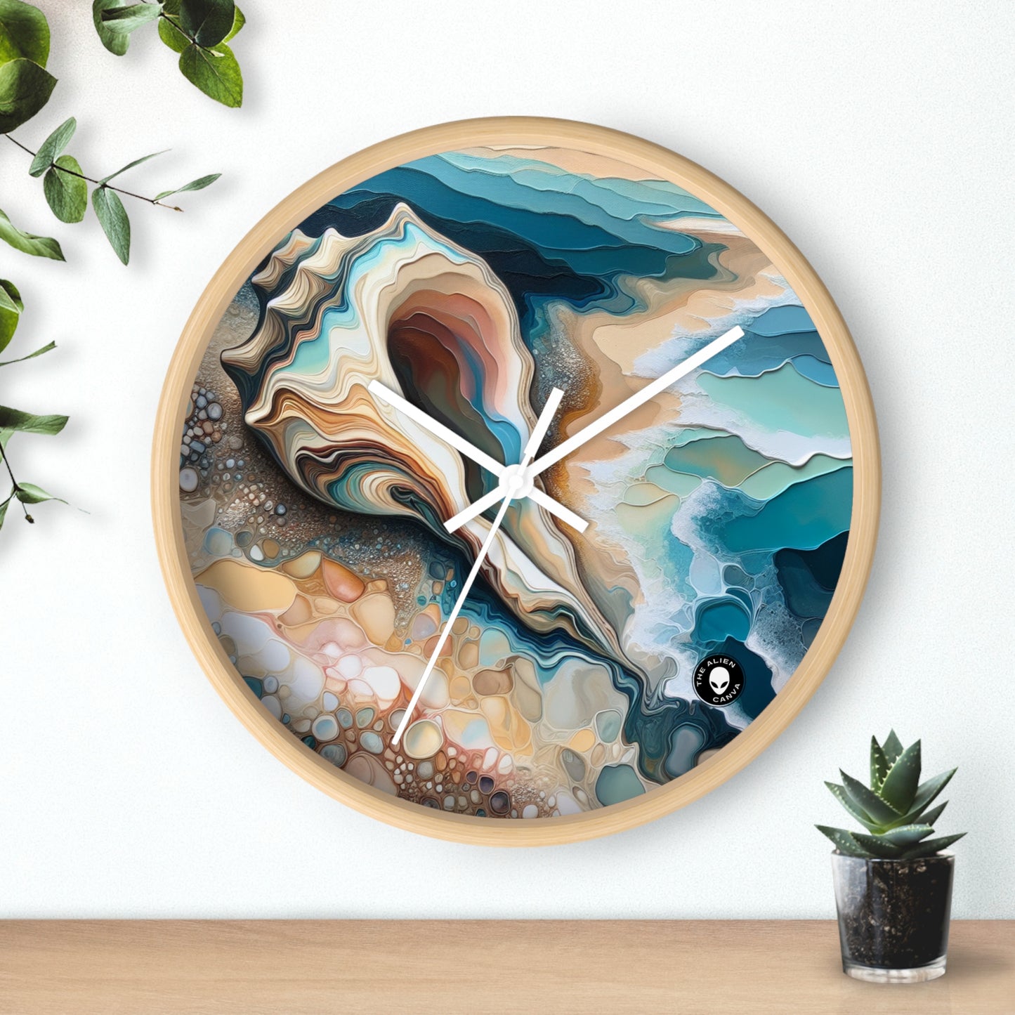 "Une vue sur la plage à travers un coquillage" - The Alien Wall Clock Acrylique Pouring