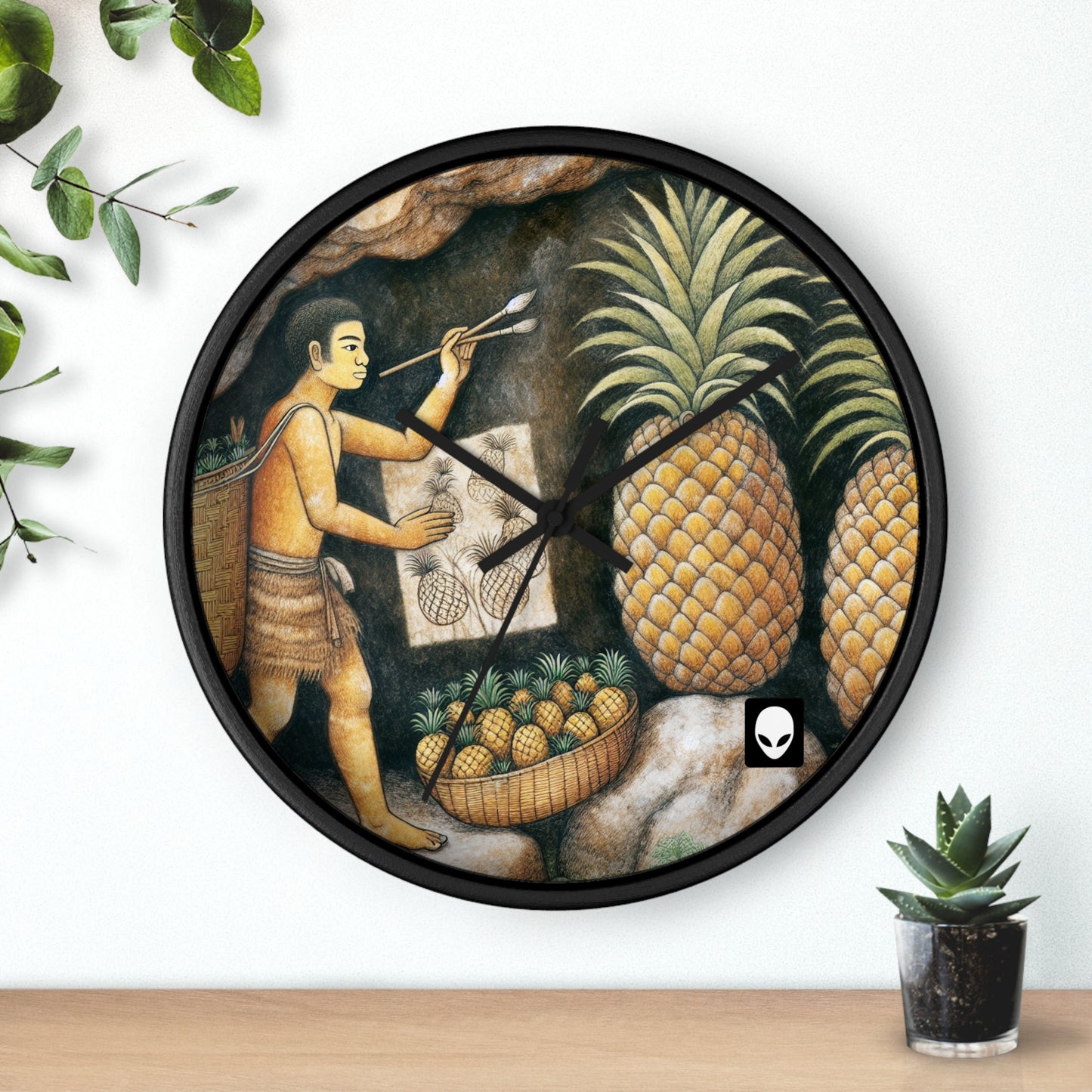 "Cosecha de piñas" - El reloj de pared alienígena estilo pintura rupestre