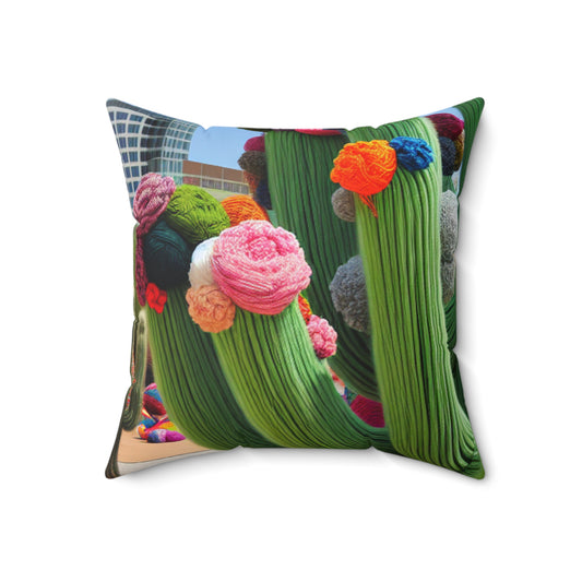 « Cactus remplis de fil dans le ciel » - Le style Alien Spun Polyester Square Pillow Yarn Bombing (Fiber Art)