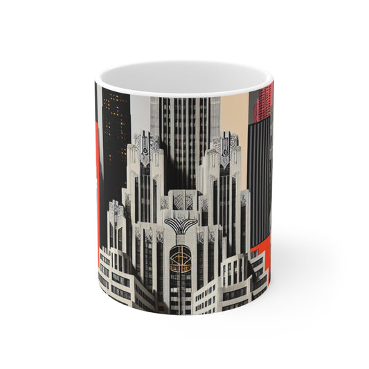 "Un contraste de tiempos: rascacielos Art Déco clásicos y un paisaje urbano moderno" - Taza de cerámica The Alien de 11 oz estilo Art Déco