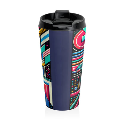 "Neon Geometric Pop" - The Alien Stainless Steel Travel Mug Contemporary Art Style