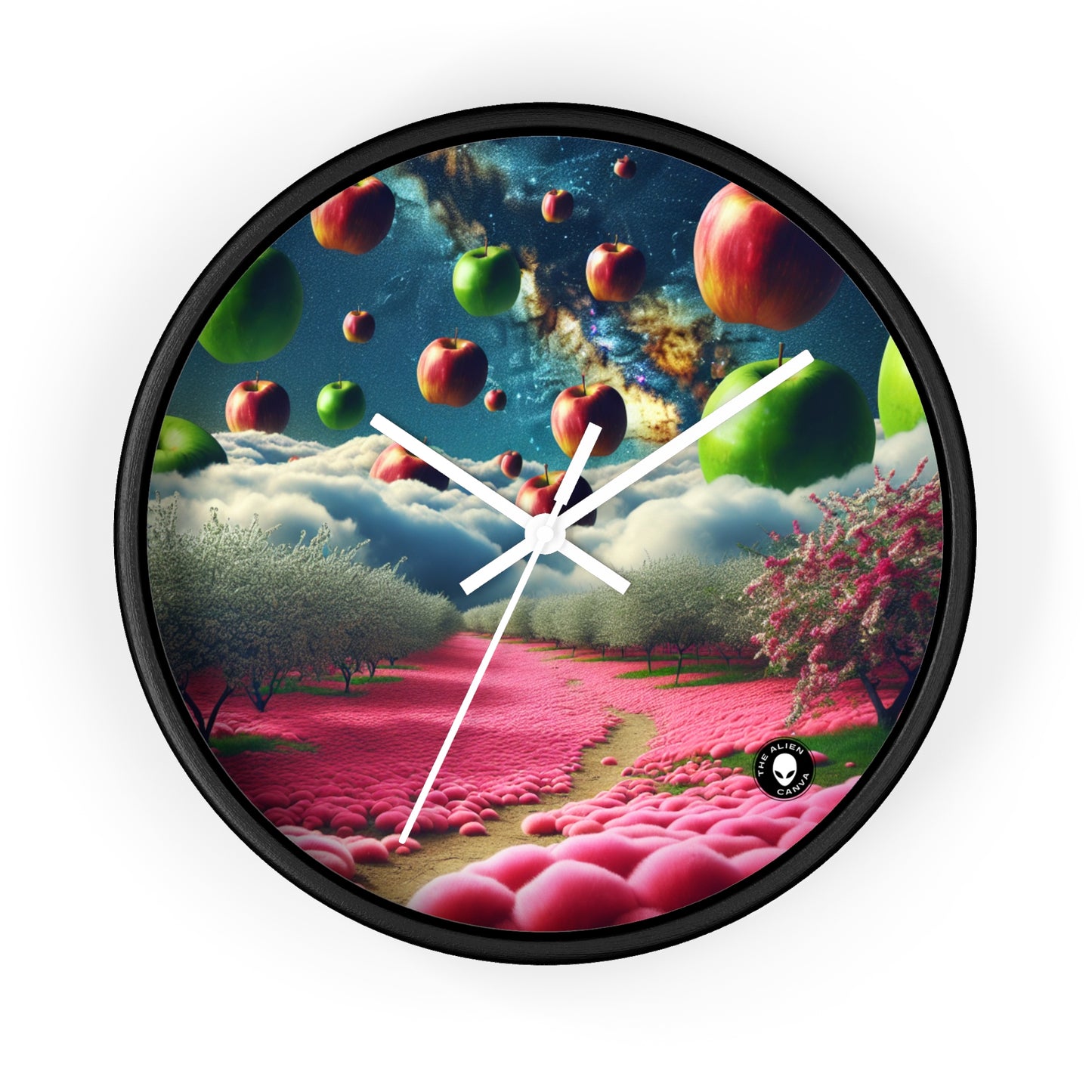 « Ciel de pomme et tapis de fleurs roses : un paysage surréaliste » - L'horloge murale Alien