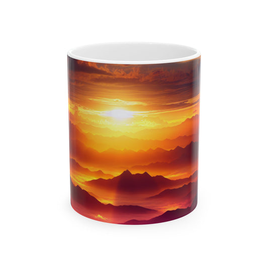 "Dawning Peaks: A Mountain Sunrise" - La taza de cerámica alienígena de 11 oz