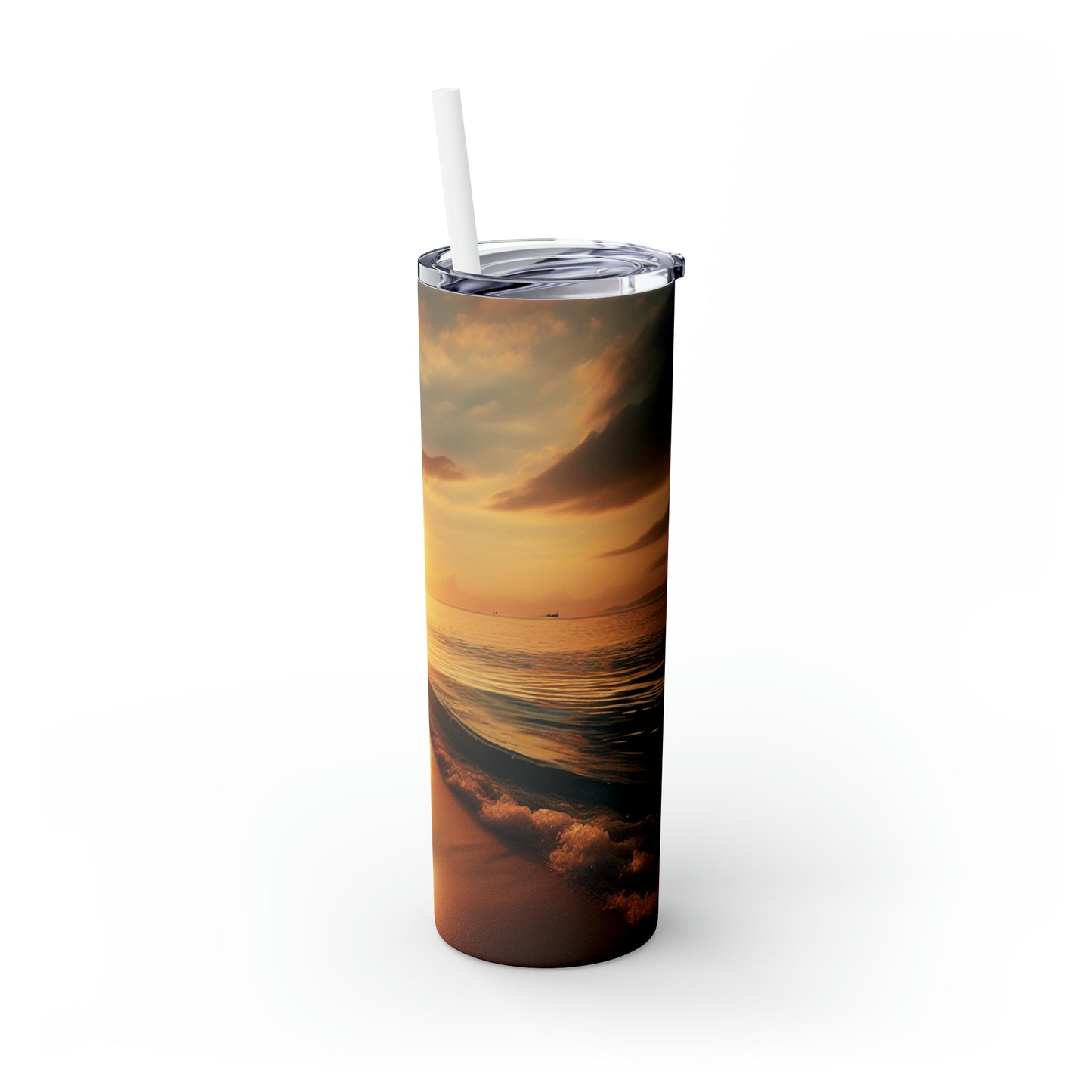 "Une promenade le long de la plage au coucher du soleil" - The Alien Maars® Skinny Tumbler avec paille 20oz Style photoréaliste