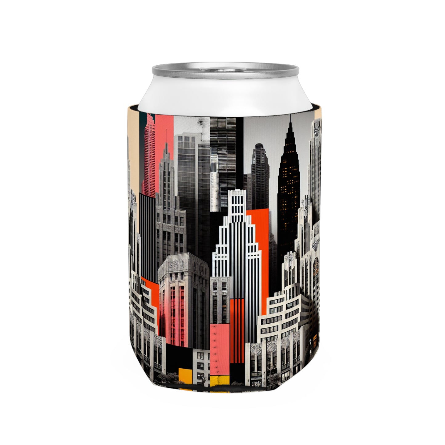 "A Contrast of Times: Classic Art Deco Skyscrapers and a Modern Cityscape" - The Alien Can Cooler Sleeve Art Deco Style
