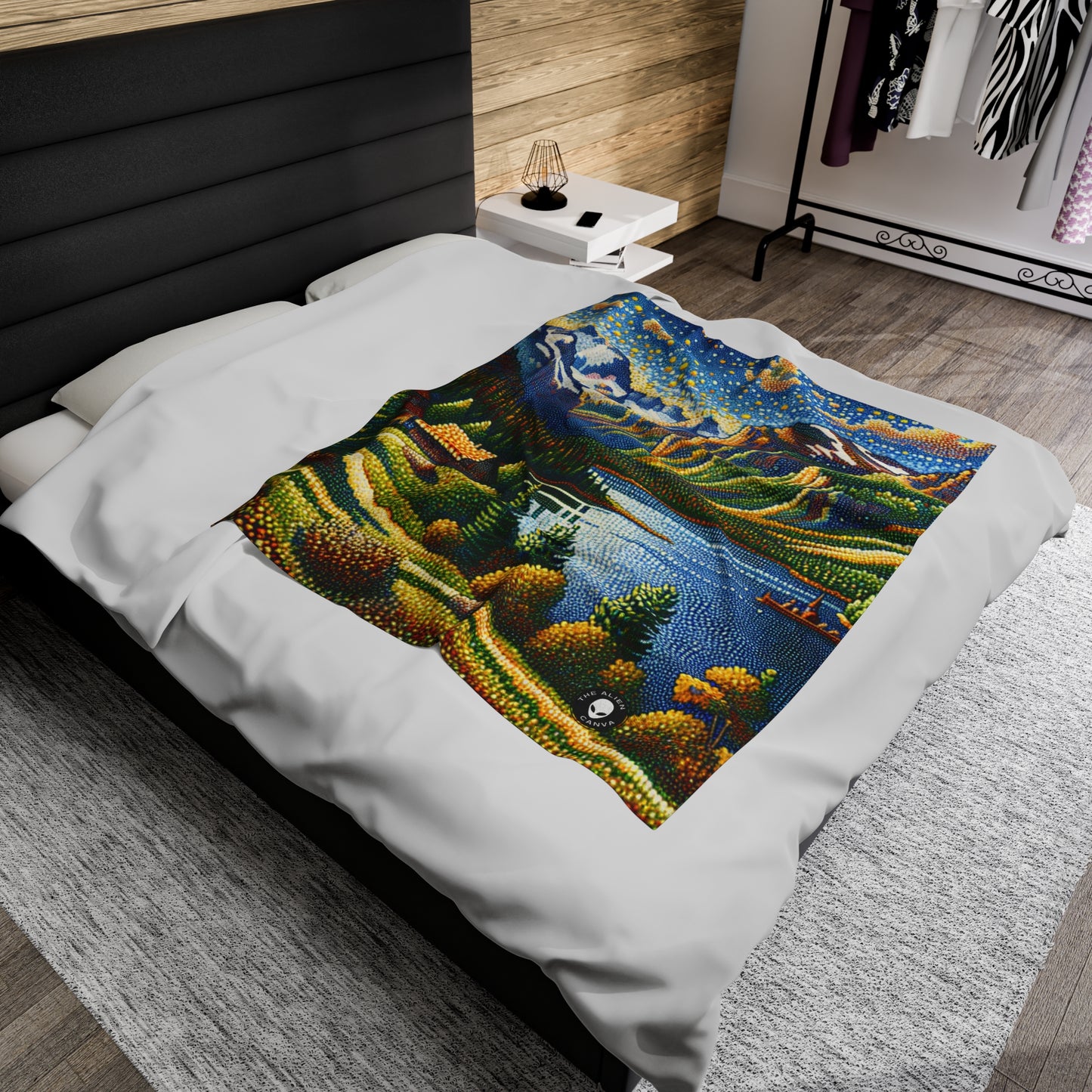 "Tranquil Sunset: A Pointillist Masterpiece of Serene Countryside" - The Alien Velveteen Plush Blanket Pointillism