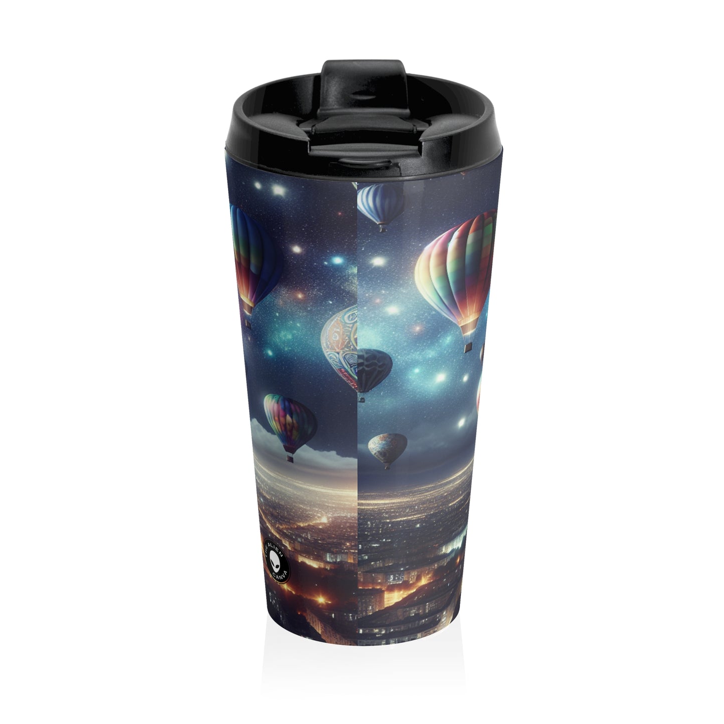 "Viaje nocturno estrellado: globos aerostáticos sobre la ciudad" - Taza de viaje de acero inoxidable de The Alien