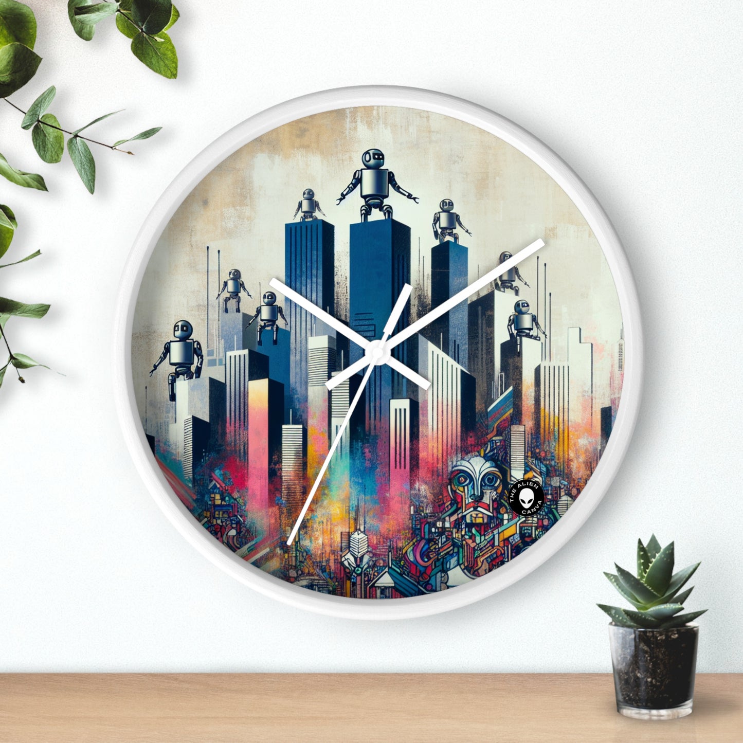 "Paysage urbain robotique : une fresque murale futuriste" - The Alien Wall Clock Street Art / Graffiti