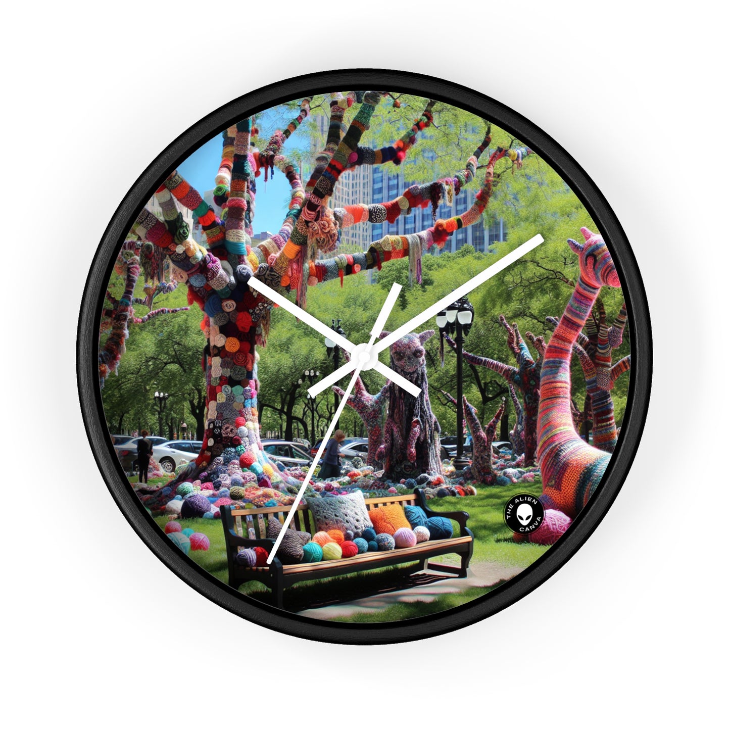 Title: "Yarnscaped City: A Whimsical Fiber Art Fusion" - The Alien Wall Clock Yarn Bombing (Fiber Art)