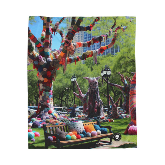 Titre : « Yarnscaped City : A Whimsical Fiber Art Fusion » – The Alien Velveteen Peluche Couverture Yarn Bombing (Fiber Art)