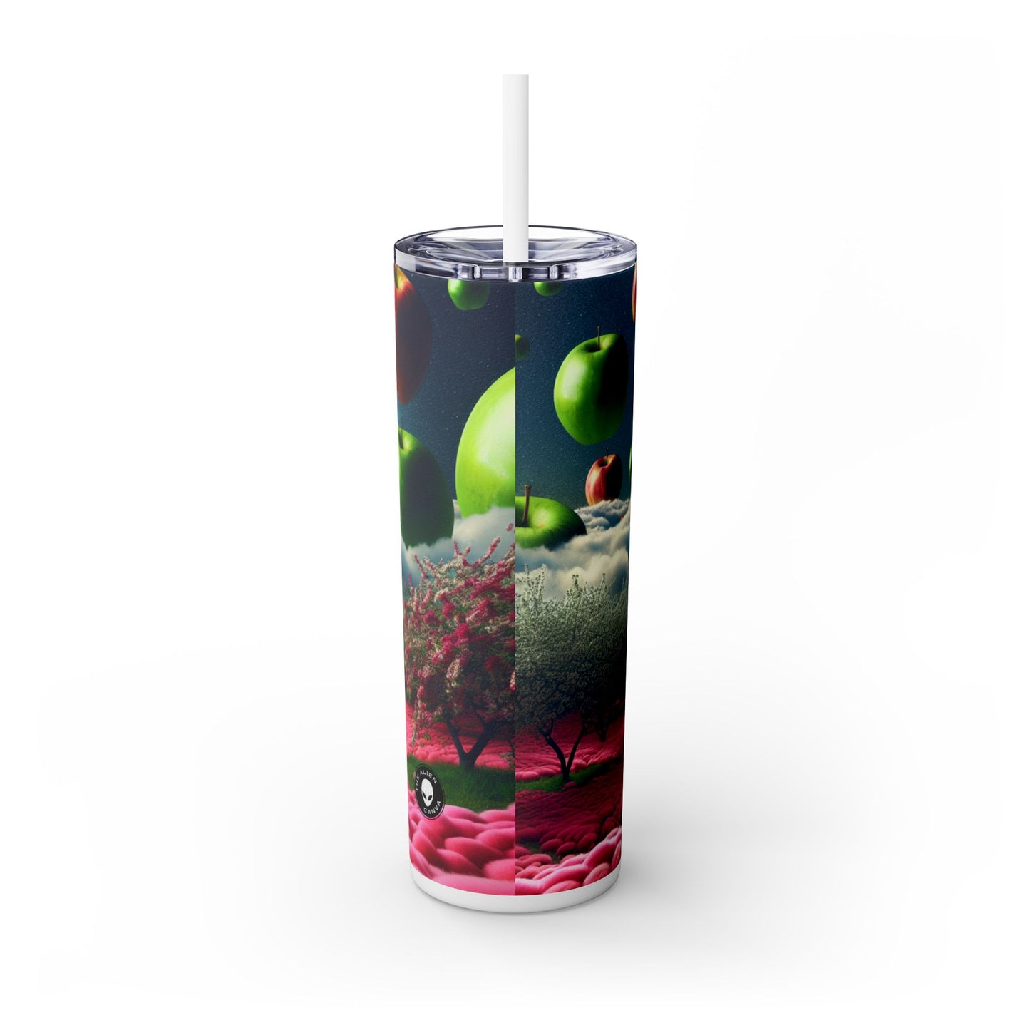 "Apple Sky and Pink Flower Carpet: A Surreal Landscape" - The Alien Maars® Skinny Tumbler with Straw 20oz