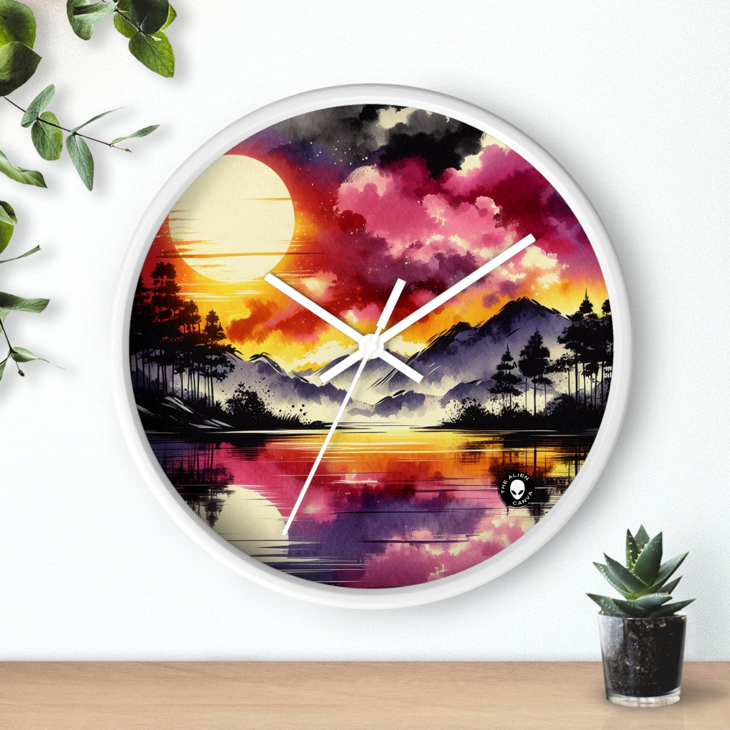 "Une symphonie pastel au coucher du soleil" - La peinture à l'encre de l'horloge murale Alien