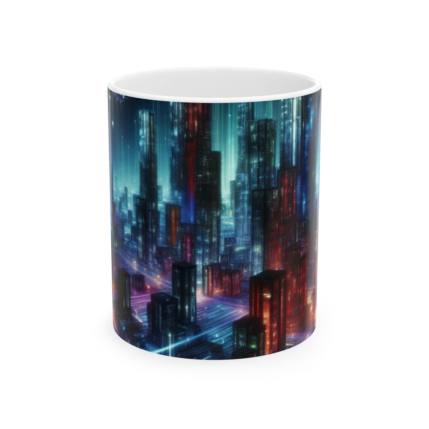 "Neon Skyline: un paisaje urbano futurista" - Taza de cerámica The Alien de 11 oz