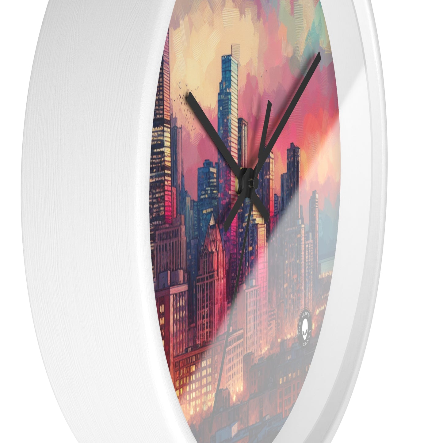 "Dusky Reflections: City Skyline at Sunset" - The Alien Wall Clock