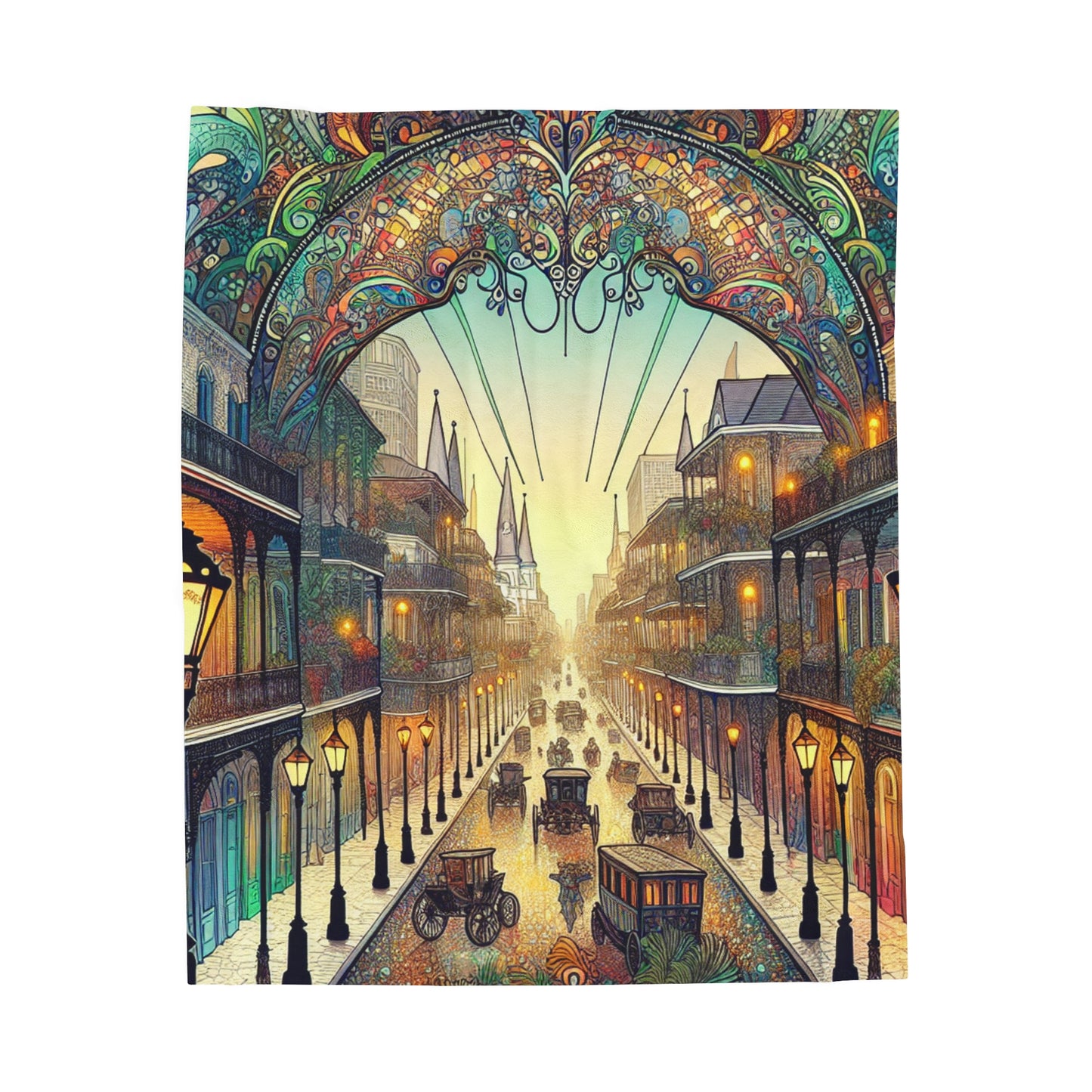 "Vivid Splendor: A Picture of New Orleans's French Quarter" - The Alien Velveteen Plush Blanket Art Nouveau Style