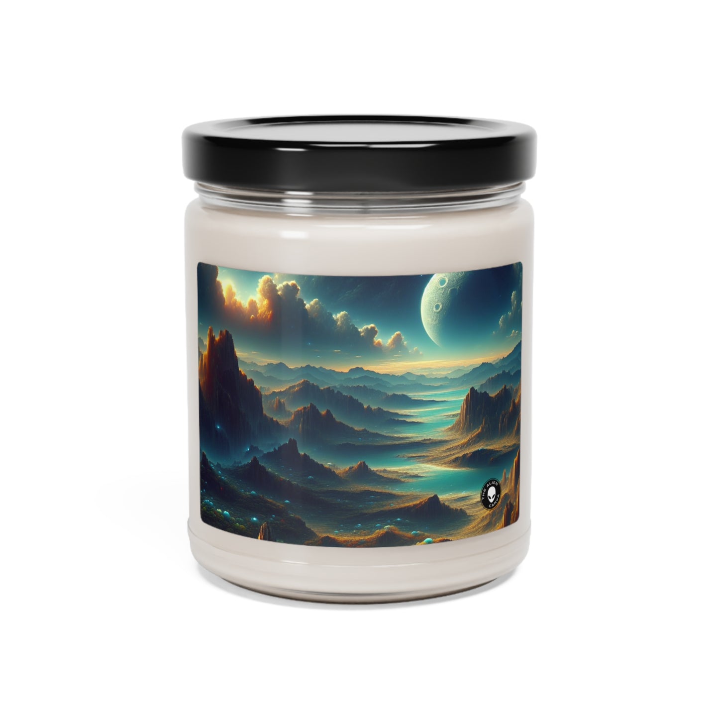 "Un Sueño Extraño: Un Mundo Desconocido en Detalle" - The Alien Scented Soy Candle 9oz planetas no descubiertos en estilo hyperrealista