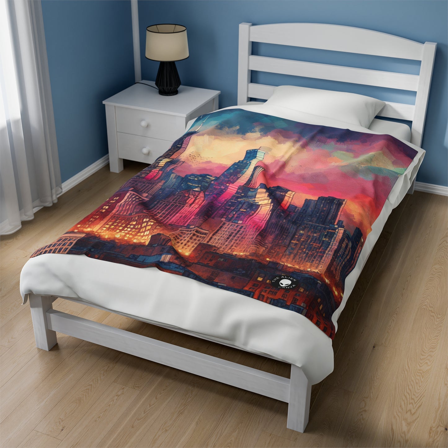 "Dusky Reflections: City Skyline at Sunset" - The Alien Velveteen Plush Blanket