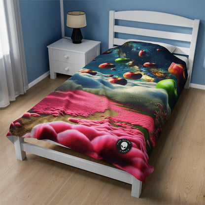 "Apple Sky and Pink Flower Carpet: A Surreal Landscape" - The Alien Velveteen Plush Blanket