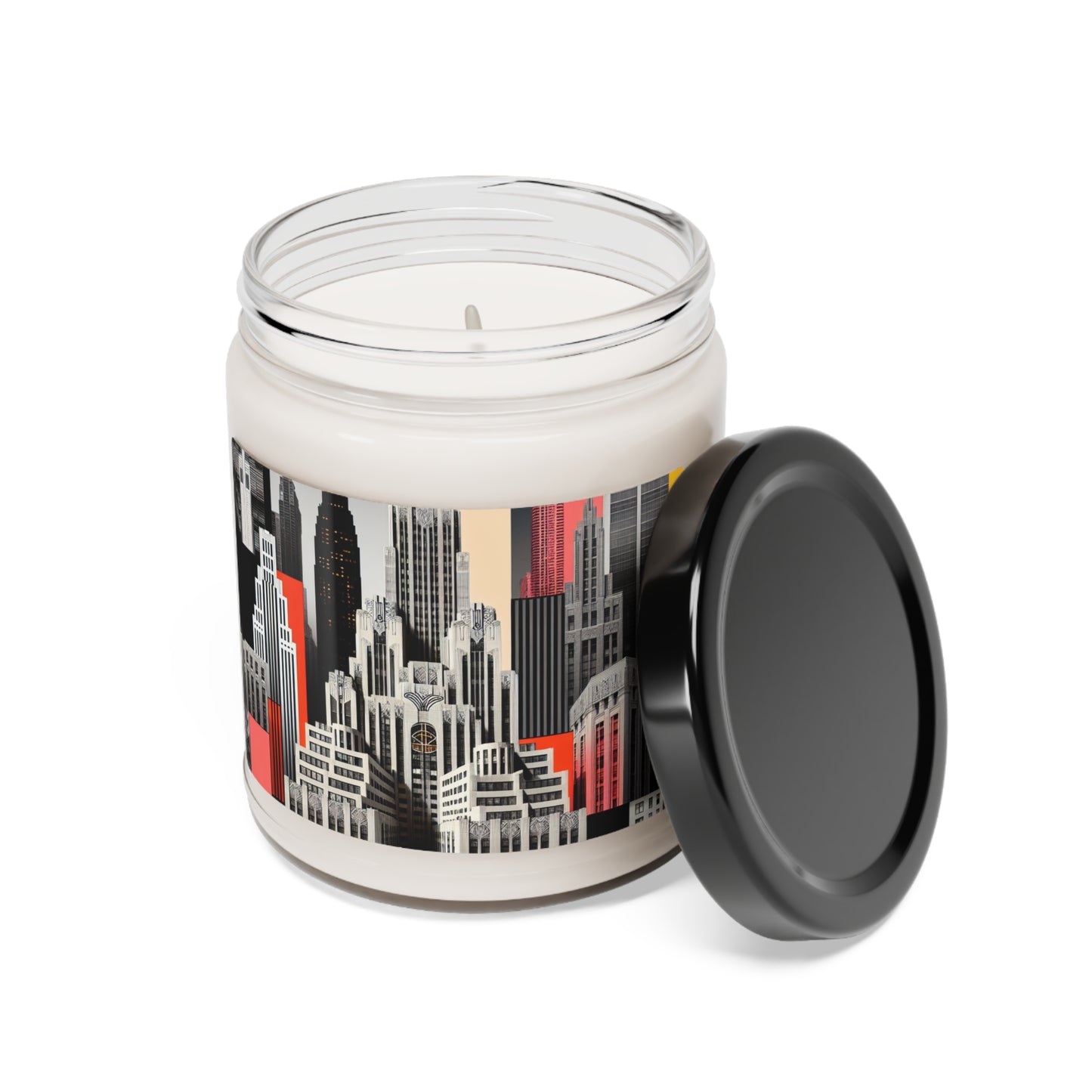 "A Contrast of Times: Classic Art Deco Skyscrapers and a Modern Cityscape" - The Alien Scented Soy Candle 9oz Art Deco Style