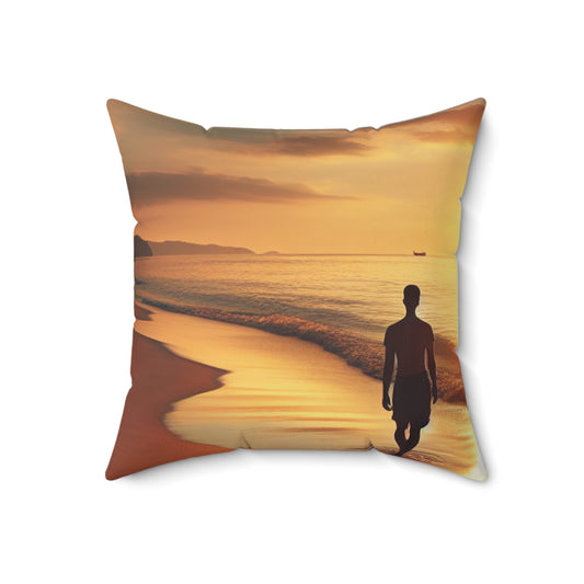 "A Stroll Along the Beach at Sunset" - The Alien Spun Polyester Square Pillow Photorealism Style