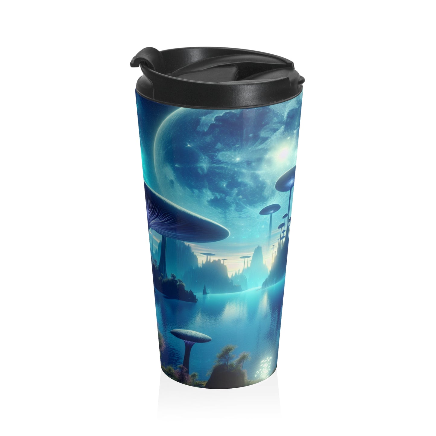 "Moonlit Mushroom Lake" - Taza de viaje de acero inoxidable de The Alien