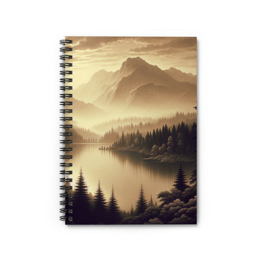 "Dawn at the Lake: A Foggy Mountain Morning" - The Alien Spiral Notebook (Ruled Line) Tonalism Style
