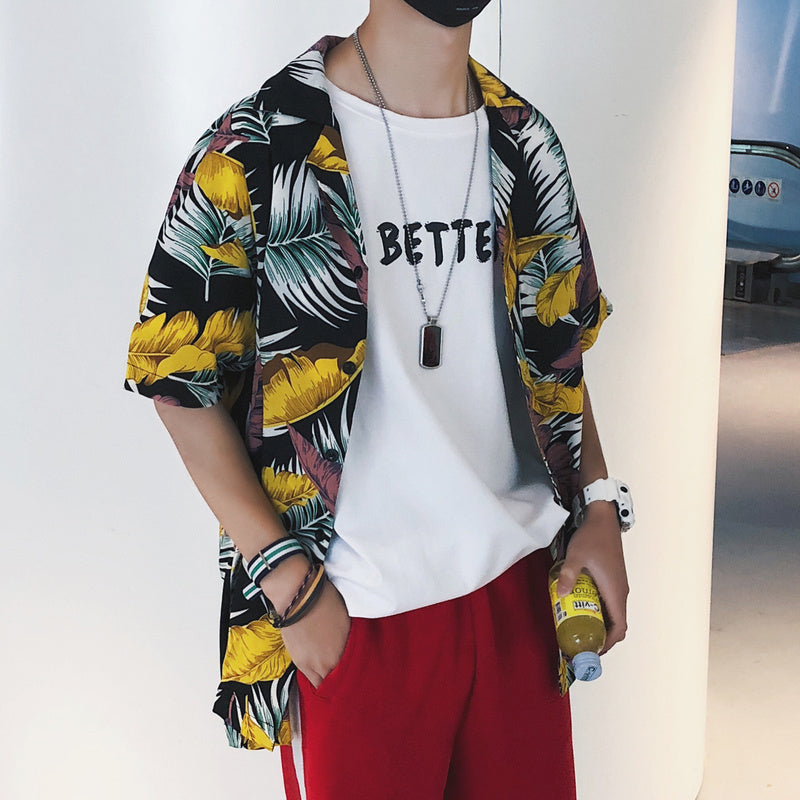 Hip hop leaf print Beach Short Sleeve Shirt