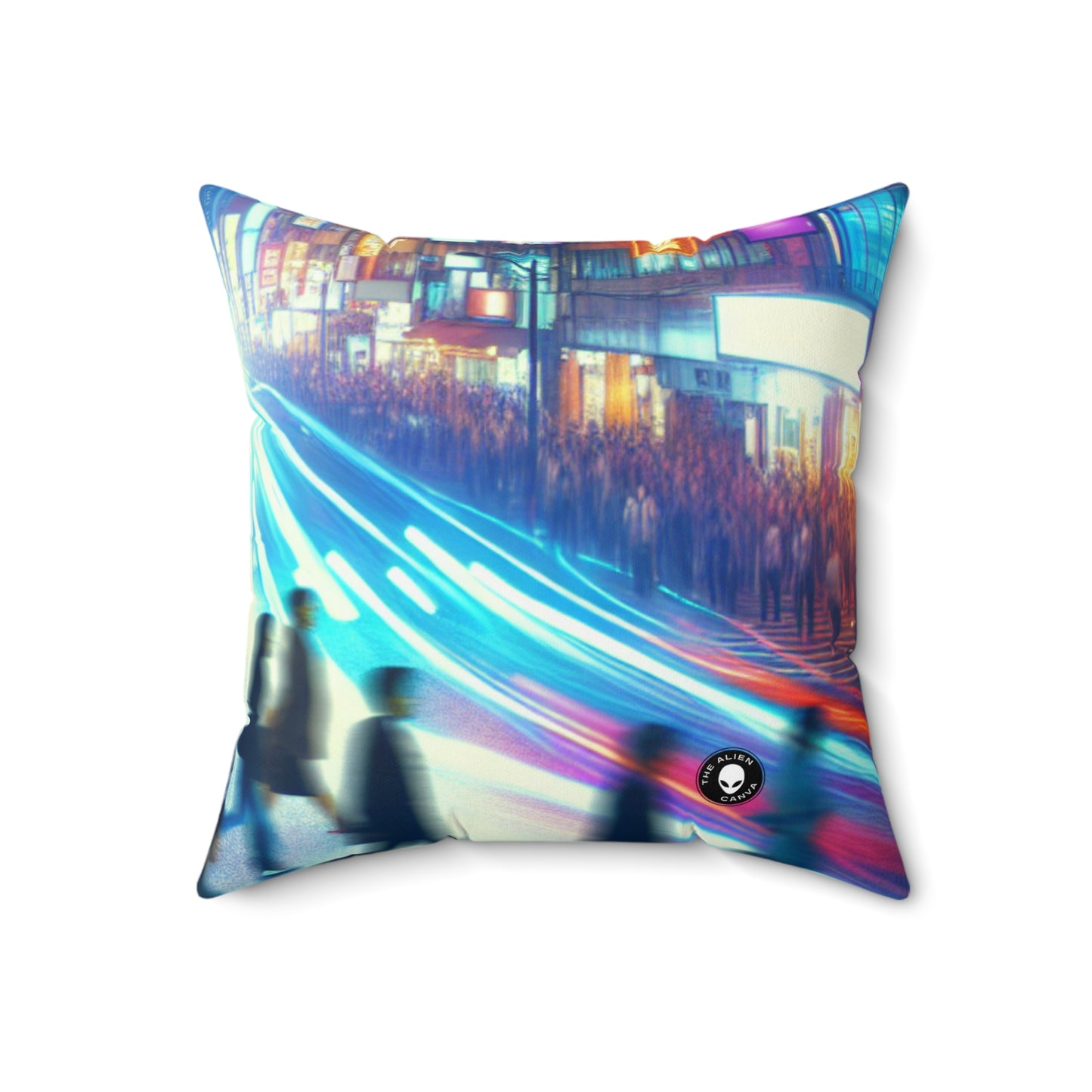 "Neon Night Street"- The Alien Spun Polyester Square Pillow