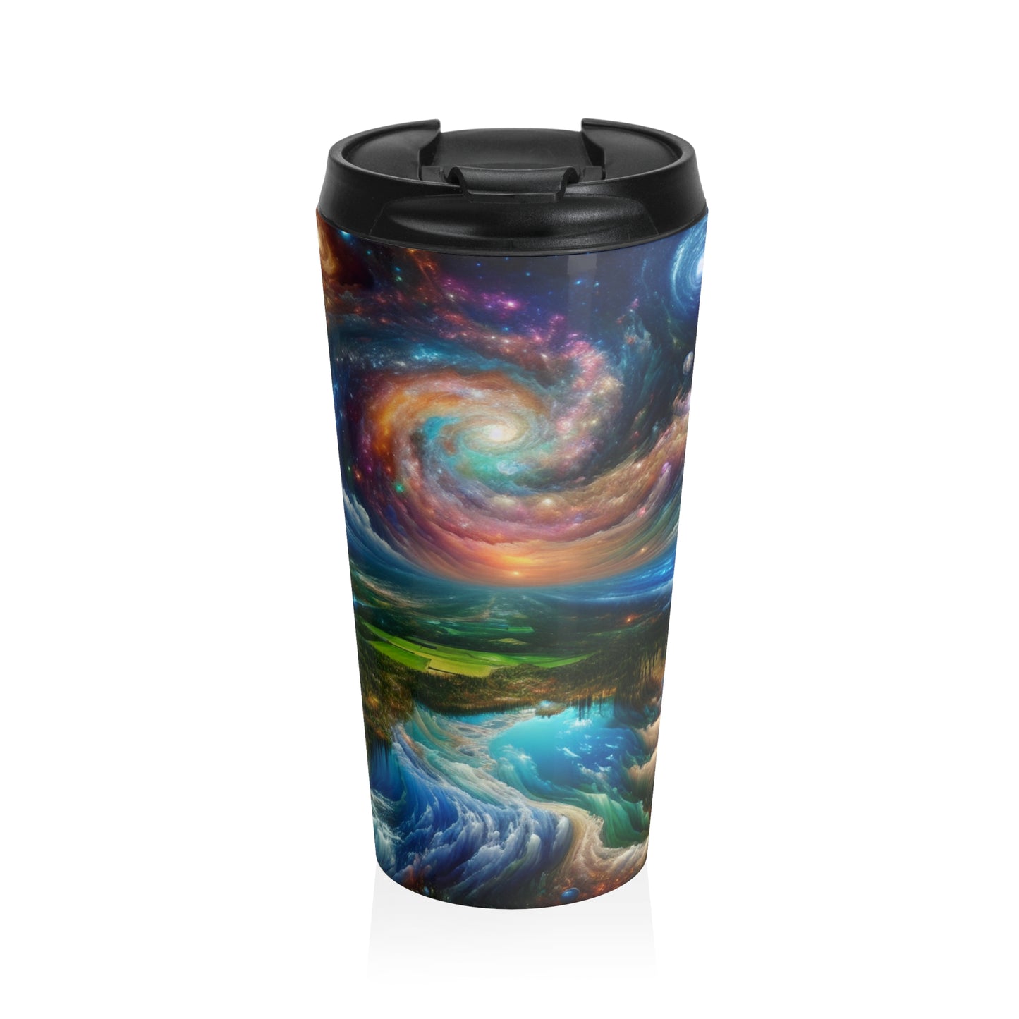 "Galactic Patchwork: A Surreal Landscape" - The Alien Stainless Steel Travel Mug