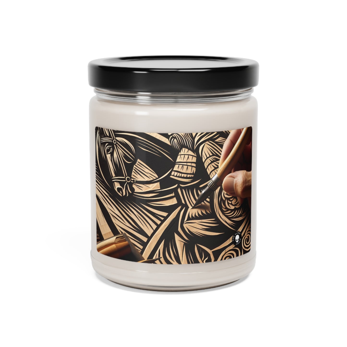 « Ombres enchanteresses : une gravure sur bois des aurores boréales dansantes » - La bougie de soja parfumée Alien 9oz Impression de gravure sur bois