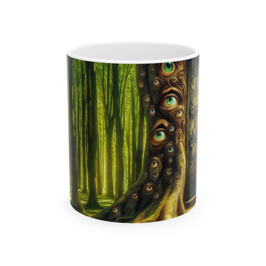 "El bosque vigilante: La puerta encantada" - Taza de cerámica alienígena de 11 oz